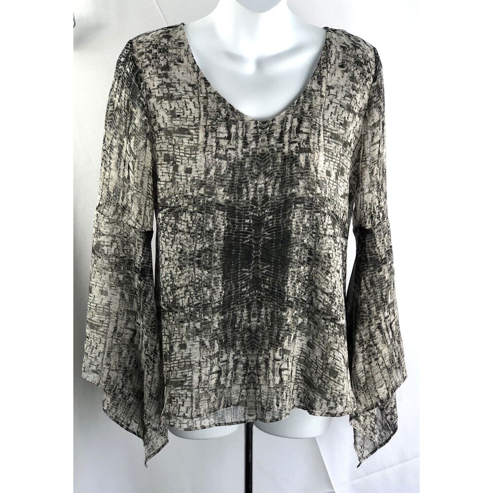 Vintage flowy Top M Gray Geo ScoopNeck Flare Sleeve Whimsigoth Fairy Boho Grunge